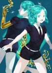  2others androgynous bangs belt blue_background blue_nails colored_eyelashes commentary_request crystal_hair gem_uniform_(houseki_no_kuni) golden_arms green_eyes green_hair highres houseki_no_kuni kaminr looking_at_viewer molten_metal multiple_others necktie open_mouth parted_bangs phosphophyllite short_hair short_sleeves shorts smile sparkle 