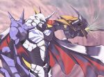  armor blurry blurry_background cape digimon digimon_(creature) green_eyes horns no_humans omegamon red_cape ryo@ shoulder_spikes solo spikes sword twitter_username weapon 