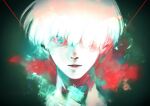 1boy alternate_eye_color bangs closed_mouth face green_background green_eyes hair_over_one_eye kaneki_ken koujima_shikasa looking_at_viewer male_focus multicolored multicolored_background portrait red_background short_hair solo symbol-only_commentary tokyo_ghoul white_hair 