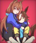  2girls animal_ears belt black_jacket blue_jacket blue_scrunchie brown_belt brown_hair closed_mouth commentary_request daiwa_scarlet_(umamusume) green_eyes hair_ornament hair_over_one_eye hair_scrunchie highres horse_ears horse_girl horse_tail hug indian_style jacket long_hair looking_at_viewer mouth_hold multicolored multicolored_clothes multicolored_jacket multiple_girls ooniooo_oni red_background red_eyes redhead scrunchie short_hair simple_background sitting tail twintails two-tone_jacket umamusume vodka_(umamusume) yellow_jacket 