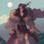  1boy absurdres bangs black_hair cloak collarbone dr._stone feet_out_of_frame floating_hair fur_trim hair_ornament highres knife legs_apart long_hair looking_at_viewer mountainous_horizon outdoors red_cloak red_eyes rei_(tdn_ng) scar scar_on_face serious shiny shiny_hair shishiou_tsukasa solo standing sun tooth wavy_hair 