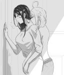  2girls ahoge behind_another bite_mark blush breasts closed_mouth eyebrows_visible_through_hair hickey highres licking licking_neck long_hair medium_hair monochrome multiple_girls nijisanji shirayuki_tomoe standing sukoya_kana sweat tchai_covsky virtual_youtuber yuri 