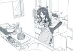  1girl animal_ears apron bow carrot chopsticks cutting_board ear_covers greyscale holding holding_knife horse_ears horse_girl horse_tail indoors king_halo_(umamusume) kitchen knife lettuce long_hair microwave monochrome omaep one_side_up pot puffy_short_sleeves puffy_sleeves school_uniform short_sleeves sink skirt solo spatula stove sweatdrop tail tail_raised tracen_school_uniform umamusume window wok 