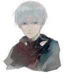  1boy bangs black_jacket closed_mouth clothing_cutout commentary_request covered_collarbone cropped_shoulders grey_hair hair_between_eyes jacket kaneki_ken koujima_shikasa looking_at_viewer male_focus shiny shiny_hair shirt simple_background solo tokyo_ghoul upper_body white_background 