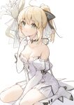  1girl ahoge artoria_pendragon_(fate) bangs bare_shoulders between_legs blonde_hair boots bow breasts collarbone commentary_request dress elbow_gloves eyebrows_visible_through_hair fate/grand_order fate/unlimited_codes fate_(series) flower gloves green_eyes hair_bow hand_between_legs highres holding holding_flower juliet_sleeves kamiowl knee_boots long_sleeves looking_at_viewer pleated_skirt puffy_sleeves saber_lily simple_background sitting skindentation skirt smile solo wariza white_background white_dress white_gloves white_skirt 