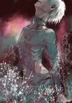  1boy black_background black_bodysuit bodysuit clothing_cutout commentary_request covered_collarbone facing_up flower gradient gradient_background head_out_of_frame kaneki_ken koujima_shikasa long_sleeves male_focus profile red_background short_hair solo tokyo_ghoul white_flower white_hair 