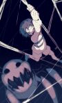  1girl animal black_background black_hair boots bug frisk_(undertale) full_body giant_spider greyscale hair_between_eyes jumping long_sleeves looking_at_another looking_back monochrome monster one_eye_closed open_mouth oshiruko_(tsume) oversized_animal shirt short_hair shorts simple_background spider string striped striped_shirt undertale 