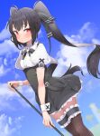  1girl atage black_hair black_skirt blue_sky blush brown_legwear clouds copyright_request day high-waist_skirt looking_at_viewer maid outdoors parted_lips puffy_short_sleeves puffy_sleeves red_eyes shirt short_sleeves skirt sky solo standing thigh-highs thigh_strap twintails white_shirt wrist_cuffs 