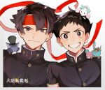  2boys absurdres animal armband asogi_kazuma bangs black_eyes black_headwear closed_mouth dai_gyakuten_saiban gakuran grin gyakuten_saiban hachimaki hat headband high_collar highres male_focus mouse multiple_boys naruhodou_ryuunosuke rabbit red_headband school_uniform simple_background siomeronpan17 smile top_hat upper_body 