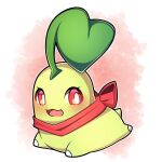  absurdres bow chikorita highres lying no_humans on_stomach open_mouth outline pink_background pokemon pokemon_(creature) red_bow red_eyes red_ribbon ribbon sevi_(seviyummy) solo white_background white_outline 