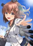  1girl anchor_symbol binoculars black_sailor_collar blue_sky brown_eyes brown_hair cherry_blossoms clouds commentary_request dorachan_r dress flower grey_neckwear hair_flower hair_ornament headset highres kantai_collection missile motion_blur neckerchief open_mouth remodel_(kantai_collection) round_teeth sailor_collar sailor_dress short_hair sky smile solo speaking_tube_headset teeth upper_teeth yukikaze_(kancolle) 