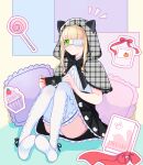  1girl absurdres alre animal_ears bangs blonde_hair blunt_bangs book cake candy eyebrows_visible_through_hair eyepatch fake_animal_ears food game_console highres indie_virtual_youtuber lollipop medical_eyepatch on_floor second-party_source shio_tatsumi sidelocks sitting solo virtual_youtuber white_legwear 