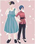  1boy 1girl absurdres bangs belt black_belt black_footwear black_hair black_pants blue_hair blush bow breasts brown_background closed_mouth collared_shirt commentary_request dress eyepatch full_body green_dress hair_bow hair_over_one_eye hand_on_hip highres kaneki_ken kirishima_touka kneehighs large_breasts looking_at_viewer outline pants puffy_short_sleeves puffy_sleeves shirt shoes short_hair short_sleeves smile striped tokyo_ghoul toukaairab white_legwear white_outline yellow_bow 