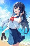  1girl :d bangs beach black_hair blue_eyes blue_sailor_collar blue_skirt blue_sky blush breasts bubble clouds commentary cowboy_shot day english_commentary eyebrows_visible_through_hair hand_in_hair hand_up highres holding holding_shoes long_hair looking_at_viewer medium_breasts neckerchief ocean open_mouth original outdoors pleated_skirt red_neckwear sailor_collar school_uniform serafuku shirt shoes shoes_removed short_sleeves skirt sky smile solo standing tteullie very_long_hair water white_shirt 