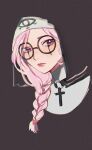  1girl blush braid brown_background closed_mouth cross cross_necklace film_grain glasses habit hair_over_shoulder highres identity_v jewelry latin_cross long_hair looking_at_viewer necklace nun pink_hair round_eyewear runny_makeup single_braid solo veil yp_(pypy_5_) 