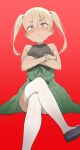  1girl atage bare_shoulders black_footwear blonde_hair blush closed_mouth copyright_request crossed_arms crossed_legs green_skirt grey_eyes high-waist_skirt long_hair looking_at_viewer red_background shoes simple_background skirt solo twintails white_legwear 