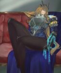  1girl absurdres armor bangs blonde_hair breastplate breasts brown_legwear chain fairy_knight_gawain_(fate) fate/grand_order fate_(series) gauntlets green_eyes highres horns knees_up large_breasts legs long_hair looking_at_viewer pantyhose pauldrons shoulder_armor sitting smile solo thighs yononaka 