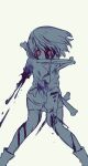  1girl bangs blood bone boots chara_(undertale) cutting full_body greyscale holding holding_knife holding_weapon knife long_sleeves looking_at_viewer monochrome oshiruko_(tsume) red_eyes shirt short_hair shorts simple_background solo standing undertale weapon white_background 