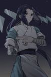  1boy black_background black_eyes black_hair drruraguchi expressionless floating floating_object gradient gradient_background highres long_hair short_sleeves solo the_legend_of_luo_xiaohei upper_body very_long_hair wuxian_(the_legend_of_luoxiaohei) 