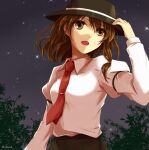  1girl bangs black_headwear black_skirt bow breasts brown_eyes brown_hair collar collared_shirt eyebrows_visible_through_hair hair_bow hat hat_bow long_sleeves looking_to_the_side medium_breasts necktie night night_sky open_mouth shidouas shirt short_hair skirt sky solo star_(sky) starry_sky touhou usami_renko white_bow white_shirt white_sleeves 