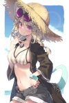  1girl animal_ear_fluff animal_ears arknights bangs beach bikini bikini_shorts black_shirt black_shorts blonde_hair blue_nails blush bracelet braid clouds day eyewear_on_head grin hair_ornament hairclip hand_to_own_mouth hand_up highres jewelry looking_at_viewer nail_polish outdoors purple-tinted_eyewear satou_kibi shirt short_sleeves shorts smile solo striped striped_bikini sunglasses swimsuit tail tinted_eyewear upper_body utage_(arknights) utage_(summer_flowers)_(arknights) violet_eyes water x_hair_ornament 