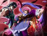  2boys araki_hirohiko_(style) blue_gloves blue_hair blue_pants blue_shirt boots brown_footwear clenched_teeth commentary dio_brando english_commentary fighting fighting_stance fingerless_gloves fingernails frown full_moon gloves grandguerrilla grin highres jojo_no_kimyou_na_bouken jonathan_joestar logo male_focus moon multiple_boys muscular muscular_male official_style pants phantom_blood pink_hair red_sky sharp_fingernails shirt sky smile standing standing_on_one_leg stone_mask_(jojo) teeth torn_clothes torn_pants 