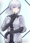  1girl black_bodysuit bodysuit breasts eyebrows_visible_through_hair girls_frontline hair_ornament hairclip jacket looking_at_viewer medium_breasts medium_hair rpk-16_(girls&#039;_frontline) silver_hair simple_background smile solo sorayan_03 standing tactical_clothes uniform violet_eyes white_jacket 