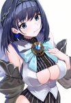  1girl absurdres blue_eyes blue_hair blush breasts closed_mouth earrings eyebrows_visible_through_hair hand_on_own_chest head_chain highres hololive hololive_english jewelry kawa683 large_breasts ouro_kronii ribbon_earrings simple_background virtual_youtuber white_background 