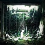  1other blurry colored_skin commentary facing_up from_side highres koujima_shikasa moss outdoors overgrown plant ruins scenery short_hair solo symbol-only_commentary tokyo_ghoul white_skin wide_shot 