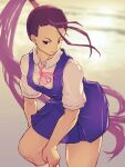  adjusting_clothes antenna_hair black_hair clouds cloudy_sky collared_shirt commentary_request cowboy_shot dress high_ponytail highres ibuki_(street_fighter) long_hair looking_at_viewer neck_ribbon outdoors pinafore_dress ribbon school_uniform shirt short_sleeves sky street_fighter sun very_long_hair white_shirt yuenibushi 