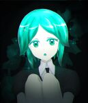  1other 2_2irst absurdres androgynous bangs black_background colored_eyelashes commentary_request crystal_hair gem_uniform_(houseki_no_kuni) green_eyes green_hair highres houseki_no_kuni looking_at_viewer necktie phosphophyllite short_hair short_sleeves simple_background solo sparkle 