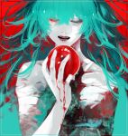  1girl apple bandages biting blood blood_on_hands commentary_request eto_(tokyo_ghoul) fangs food fruit green_eyes green_hair hair_between_eyes hand_up heterochromia highres koujima_shikasa lips long_hair messy_hair open_mouth red_background red_eyes shiny shiny_hair solo teeth tokyo_ghoul tokyo_ghoul:re 
