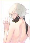 1girl bare_back blue_eyes from_behind highres kazama_raita looking_at_viewer looking_back nier_(series) nier_automata open_mouth shirtless short_hair silver_hair simple_background solo white_background yorha_no._2_type_b 