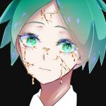  1other androgynous bangs black_background commentary_request cracked_skin crystal_hair gold green_eyes green_hair houseki_no_kuni looking_at_viewer molten_metal parted_lips phosphophyllite simple_background solo to_to_shiro 
