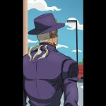  1boy beard dark-skinned_male dark_skin day enrico_pucci facial_hair facing_away from_behind grandguerrilla jacket jojo_no_kimyou_na_bouken male_focus meme outdoors pillarboxed purple_headwear purple_jacket solo stone_ocean white_hair william_knight 