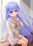  1girl ahoge blue_eyes blue_hair blush closed_mouth eyebrows_visible_through_hair flower fujii_tatsuya gochuumon_wa_usagi_desu_ka? hair_ornament highres holding holding_flower hoto_cocoa&#039;s_school_uniform kafuu_chino legs_together light_blue_hair long_hair looking_at_viewer miniskirt open_window pleated_skirt ribbon school_uniform sitting skirt smile solo window x_hair_ornament 