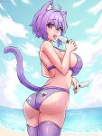 1girl ahoge animal_ear_fluff animal_ears artist_name ass bare_back bare_shoulders beach bebatch bikini breasts cat_ears cat_girl cat_tail clouds food highres holding holding_food hololive large_breasts looking_back nekomata_okayu onigiri_print open_mouth popsicle purple_bikini purple_hair purple_legwear sky solo sweat swimsuit tail thigh-highs thighs tongue tongue_out upper_teeth violet_eyes virtual_youtuber waves 