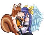  2girls animal_ears blazblue blue_hair breasts brown_eyes brown_hair dizzy_(guilty_gear) feathered_wings guilty_gear highres kiss long_sleeves makoto_nanaya multiple_girls muscular muscular_female ribbon short_hair squirrel_ears squirrel_tail tail totsugay twintails wings yuri 