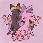  absurdres artist_name blush cherry_blossoms closed_eyes espeon forehead-to-forehead from_side heads_together highres no_humans outline pink_background pink_theme pokemon pokemon_(creature) sevi_(seviyummy) umbreon watermark white_outline 