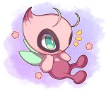  alternate_color artist_name celebi floral_print full_body green_eyes hands_up highres mythical_pokemon no_humans notice_lines open_mouth outline pink_background pokemon pokemon_(creature) purple_background sevi_(seviyummy) shiny_pokemon smile watermark white_background white_outline wings 