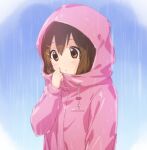  1girl atu bangs blue_background blush brown_eyes brown_hair commentary_request hair_ornament hairclip hand_up hirasawa_yui hood hood_up k-on! long_sleeves parted_lips pink_raincoat rain raincoat short_hair solo two-tone_background upper_body white_background 