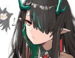  2girls absurdres animal_ears arknights bare_shoulders black_hair character_name china_dress chinese_clothes commentary_request dog_ears dragon_horns dress dusk_(arknights) earrings hair_over_one_eye hand_on_own_cheek hand_on_own_face highres horns jewelry long_hair multicolored_hair multiple_girls pointy_ears portrait raw_egg_lent red_eyes saga_(arknights) simple_background streaked_hair translation_request white_background white_dress 