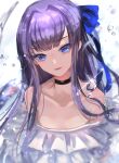  1girl absurdres bangs black_choker blue_bow blue_eyes blurry blurry_background bow choker collarbone depth_of_field eyebrows_visible_through_hair fate/grand_order fate_(series) frilled_swimsuit frills hair_bow hair_intakes highres long_hair meltryllis_(fate) meltryllis_(swimsuit_lancer)_(fate) off-shoulder_one-piece_swimsuit off_shoulder pekerika purple_hair solo swimsuit water_drop 