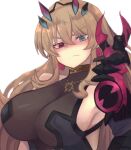  1girl armor bangs bare_shoulders black_dress blonde_hair blue_eyes blush breasts dress fairy_knight_gawain_(fate) fate/grand_order fate_(series) gauntlets heterochromia horns large_breasts long_hair looking_at_viewer pauldrons red_eyes shoulder_armor sideboob single_gauntlet single_pauldron solo tsuyuri_(5/7) 