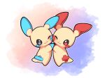  artist_name cheek-to-cheek closed_mouth full_body heads_together highres hug looking_at_another minun no_humans one_eye_closed outline pink_background plusle pokemon pokemon_(creature) purple_background sevi_(seviyummy) watermark white_background white_outline 