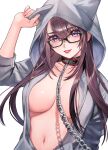  1girl :p animal_hood black-framed_eyewear breasts brown_hair chain collar dutch_angle glasses highres hood hoodie large_breasts long_hair looking_at_viewer naked_hoodie navel no_bra open_clothes open_hoodie original solo tongue tongue_out uma_raclette unzipped violet_eyes white_background 