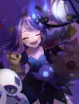  1girl :d acerola_(pokemon) arm_support banette bangs blue_dress blue_fire blurry chandelure chromatic_aberration closed_eyes collarbone commentary_request dress drifblim en_(o0) eyelashes facing_viewer fire flipped_hair froslass hair_ornament hairclip mimikyu multicolored multicolored_clothes multicolored_dress open_mouth palossand pokemon pokemon_(game) pokemon_sm purple_hair sableye short_sleeves smile teeth tongue topknot torn_clothes torn_dress 