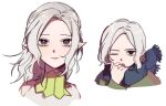  1boy androgynous black_eyes blue_scarf braid closed_mouth dungeon_meshi grey_hair looking_at_viewer male_focus mithrun multiple_views pointy_ears portrait sanpaku scarf simple_background white_background yp_(pypy_5_) 