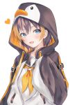  1girl absurdres animal_hood bangs black_hair black_hoodie black_sailor_collar blonde_hair blue_eyes blush drawstring hair_between_eyes hand_up heart highres hood hood_up hoodie multicolored_hair neckerchief nijisanji nijisanji_en open_mouth partially_unzipped penguin_hood petra_gurin r_(r_aaaaaaaaru) sailor_collar simple_background smile solo streaked_hair two-tone_hoodie upper_body virtual_youtuber white_background white_hoodie yellow_neckwear 