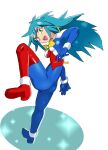  1girl :d allenby_beardsley antennae ass blue_bodysuit blue_hair bodysuit bow bracelet breasts commentary_request full_body g_gundam green_eyes gundam high_heels jewelry knee_up long_hair looking_at_viewer mobile_trace_suit multicolored multicolored_bodysuit multicolored_clothes onnaski open_mouth red_bodysuit simple_background skin_tight small_breasts smile solo v-shaped_eyebrows 